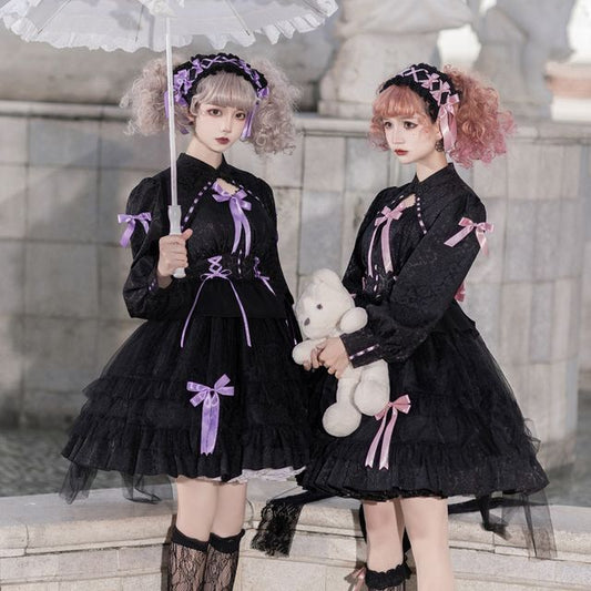 Long-Sleeve Band Collar Bow Two Tone Lolita A-Line Dress mySite