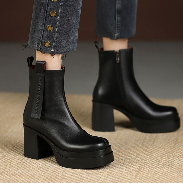 Square Toe Platform Block Heel Short Boots SpreePicky