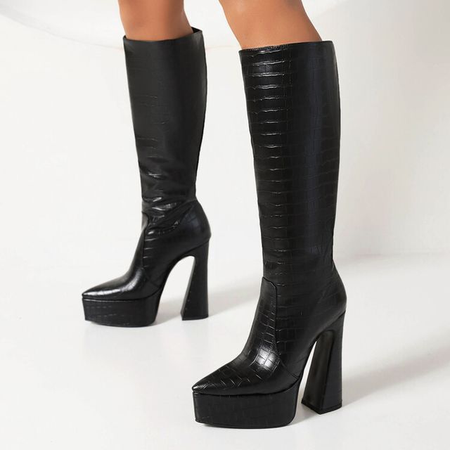 Crocodile Grain Pointed Toe Platform High Heel Knee High Boots SpreePicky