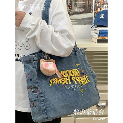 Letter Embroidered Denim Tote Bag / Bag Charm / Set SpreePicky