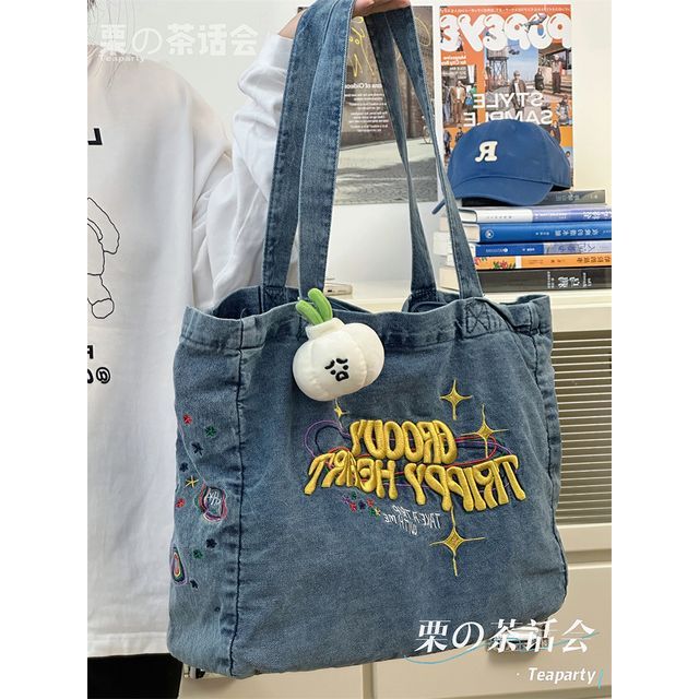 Letter Embroidered Denim Tote Bag / Bag Charm / Set SpreePicky