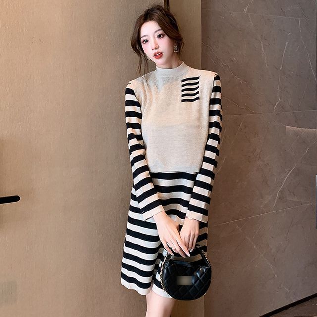 Set: Long-Sleeve High Neck Striped Mini Knit Dress + High Neck Paneled Sweater Vest SpreePicky