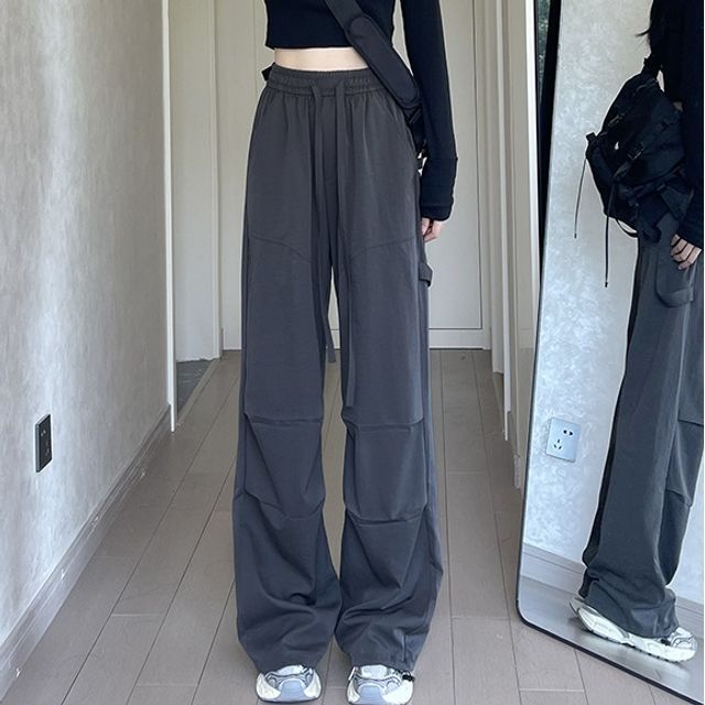 High Rise Drawstring Plain Wide Leg Parachute Cargo Sweatpants SpreePicky