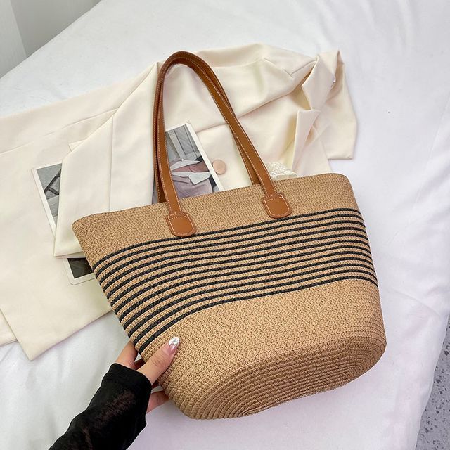 Set: Striped Straw Tote Bag + Lace Strap SpreePicky