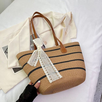 Set: Striped Straw Tote Bag + Lace Strap SpreePicky