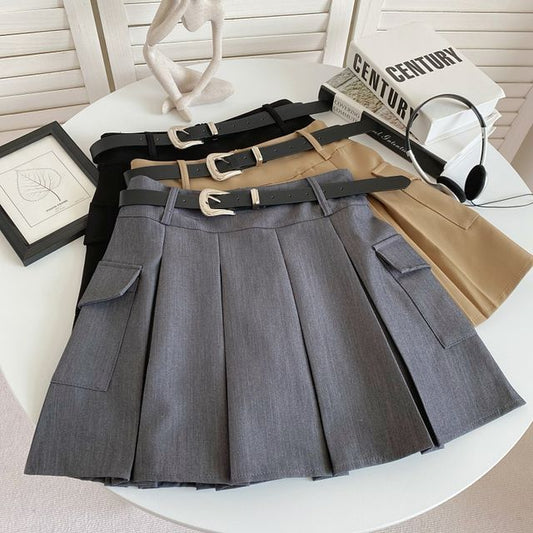 Set: High Waist Plain Pleated Mini A-Line Cargo Skirt + Faux Leather Belt mySite