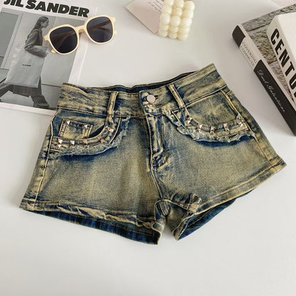 High Waist Washed Studded Denim Shorts mySite