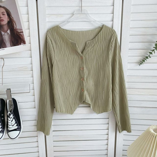 Long-Sleeve Plain Shirred Button-Up Blouse mySite