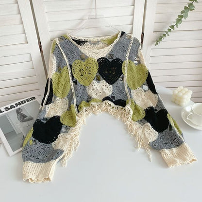 Long-Sleeve V-Neck Heart Print Tasseled Crop Pointelle Knit Top mySite