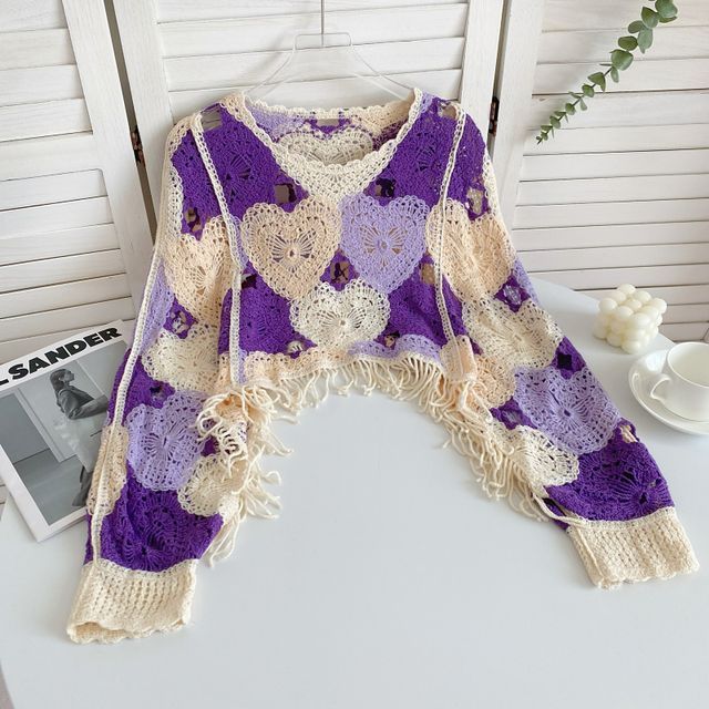 Long-Sleeve V-Neck Heart Print Tasseled Crop Pointelle Knit Top mySite