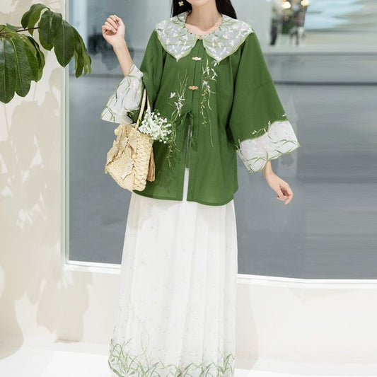 Traditional Chinese Set: 3/4-Sleeve Collared Embroidered Print Panel Tie Front Blouse + High Rise Pleated Maxi A-Line Skirt SpreePicky