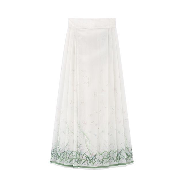 Traditional Chinese Set: 3/4-Sleeve Collared Embroidered Print Panel Tie Front Blouse + High Rise Pleated Maxi A-Line Skirt SpreePicky