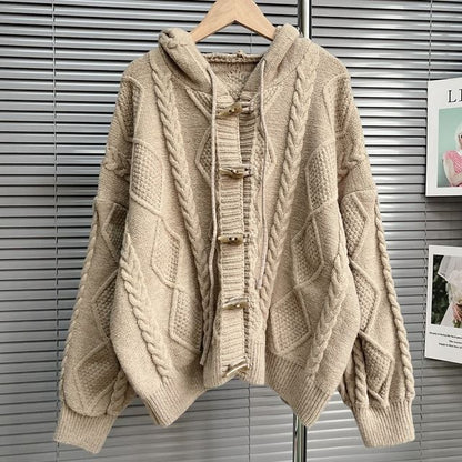 Plain Hooded Cable Knit Toggle Cardigan SpreePicky