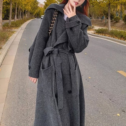 Plain Midi Knit Double-Breasted Trench Coat SpreePicky