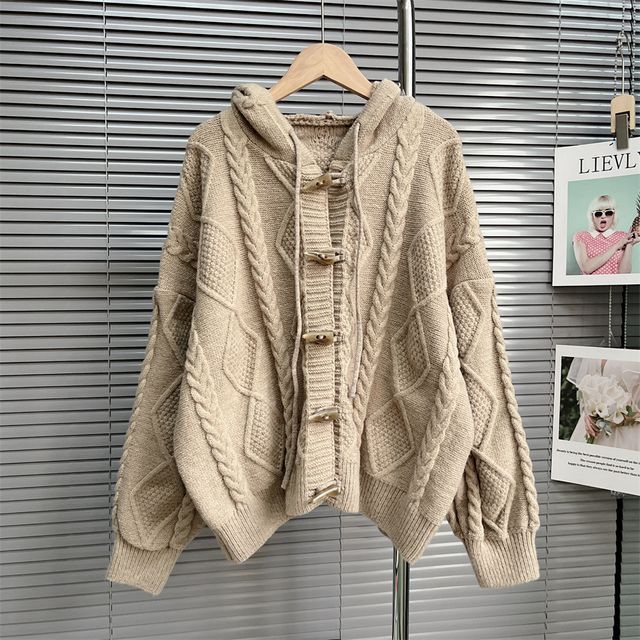 Plain Hooded Cable Knit Toggle Cardigan SpreePicky