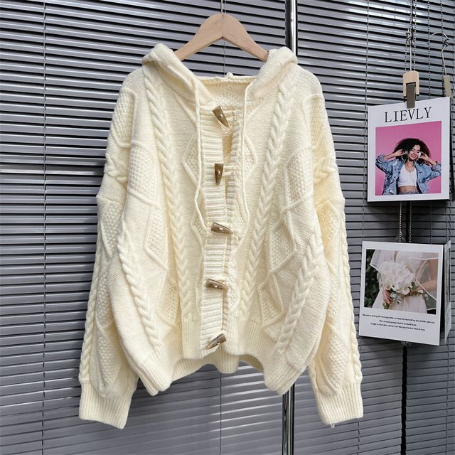 Plain Hooded Cable Knit Toggle Cardigan SpreePicky