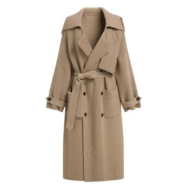 Plain Midi Knit Double-Breasted Trench Coat SpreePicky