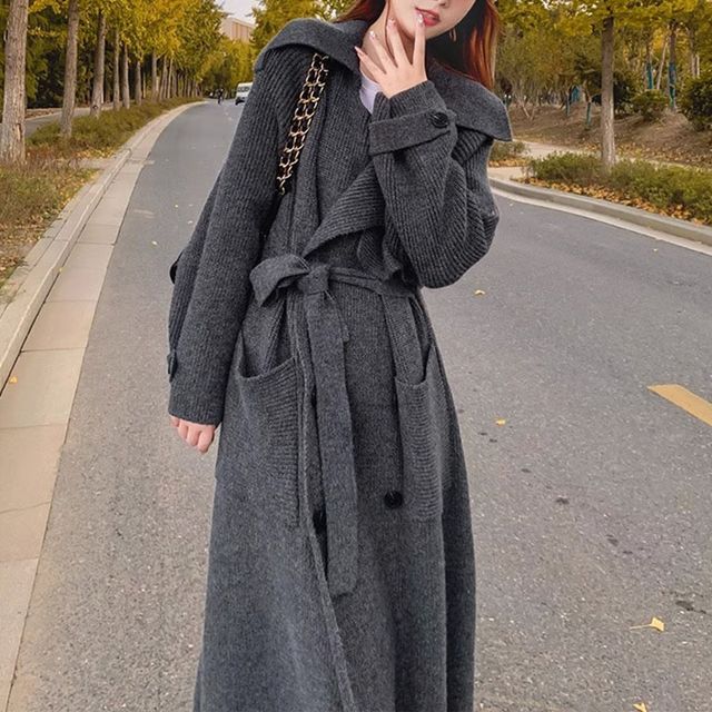 Plain Midi Knit Double-Breasted Trench Coat SpreePicky