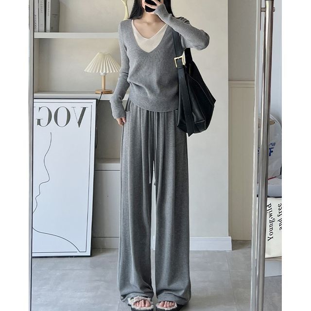 High Rise Drawstring Pocketed Drape Knit Wide Leg Plain Sweatpants SpreePicky