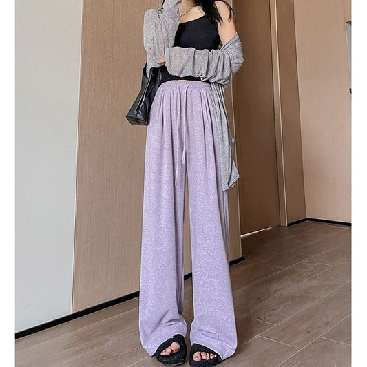 High Rise Plain Drawstring Drape Wide Leg Sweatpants SpreePicky