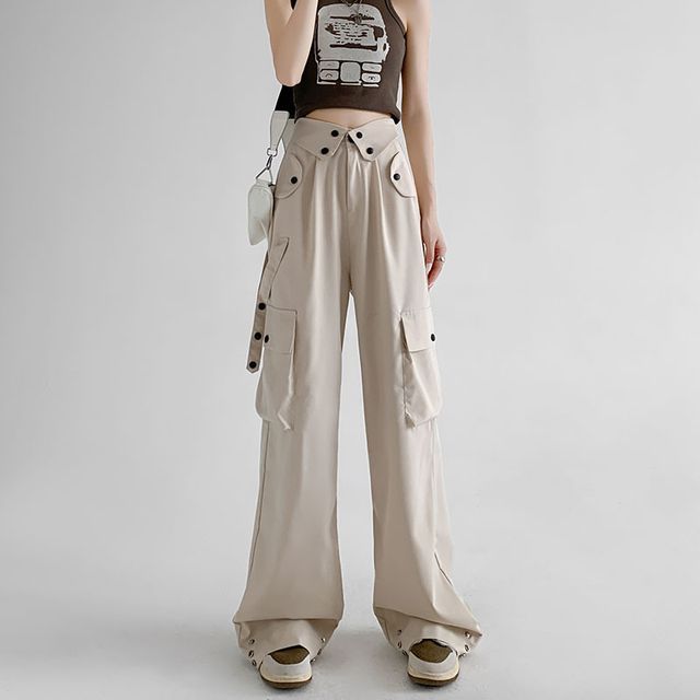 Waist Detailed Pocketed High Waist Plain Wide Leg Cargo Pants SpreePicky