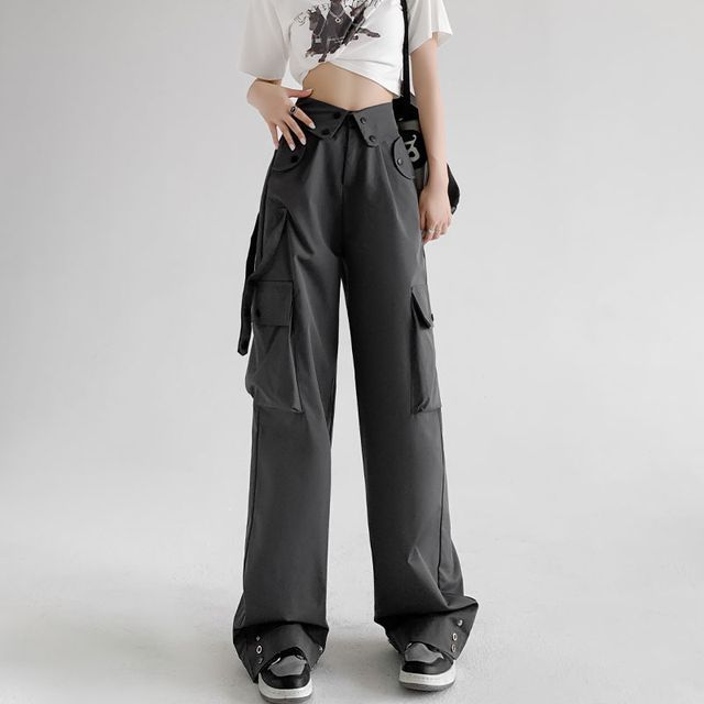 Waist Detailed Pocketed High Waist Plain Wide Leg Cargo Pants SpreePicky