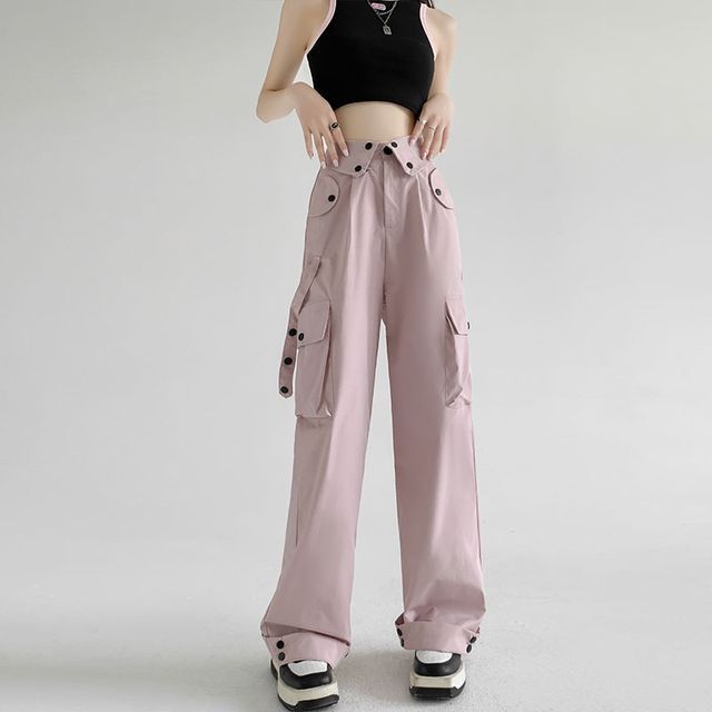 Waist Detailed Pocketed High Waist Plain Wide Leg Cargo Pants SpreePicky