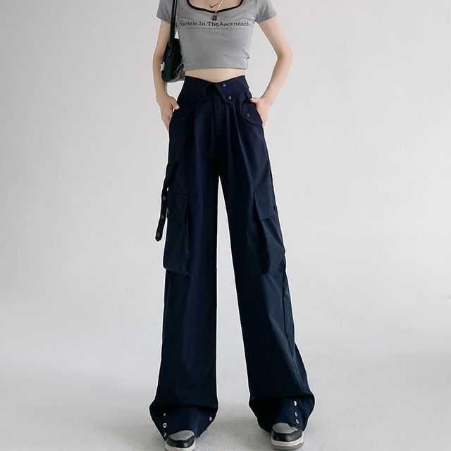 Waist Detailed Pocketed High Waist Plain Wide Leg Cargo Pants SpreePicky