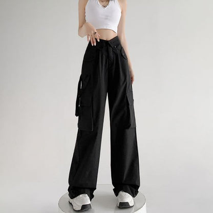 Waist Detailed Pocketed High Waist Plain Wide Leg Cargo Pants SpreePicky