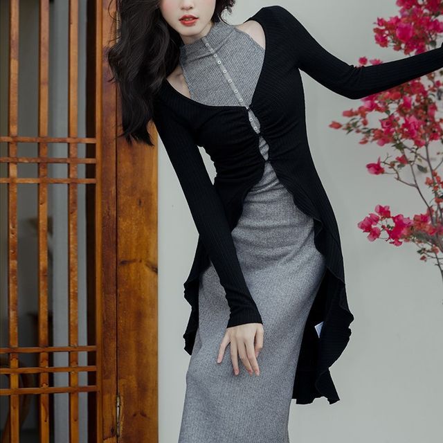 Sleeveless Mock Neck Plain Midi Sheath Dress / Plain Long Cardigan / Set SpreePicky