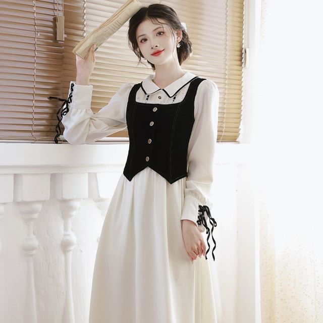 Long-Sleeve Collared Contrast Trim Midi A-Line Dress / Square Neck Plain Lace Trim Button-Up Crop Vest / Set SpreePicky