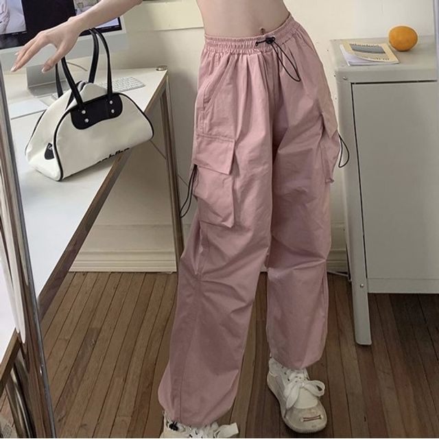 Mid Waist Plain Drawstring Cargo Baggy Pants SpreePicky