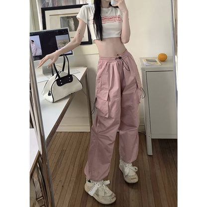 Mid Waist Plain Drawstring Cargo Baggy Pants SpreePicky