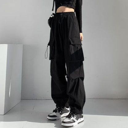 Mid Waist Plain Drawstring Cargo Baggy Pants SpreePicky