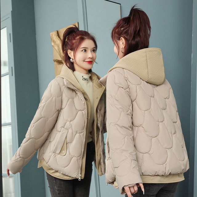 Mock Two-Piece Quilted Hooded Zip Jacket SpreePicky