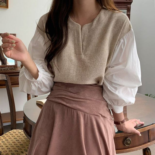 Long-Sleeve Notch Neck Melange Panel Blouse mySite