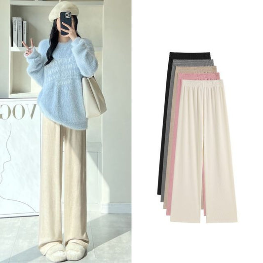 High Rise Wide Leg Plain Knit Sweatpants SpreePicky