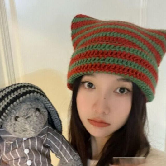 Cat Ear Striped Knit Beanie SpreePicky