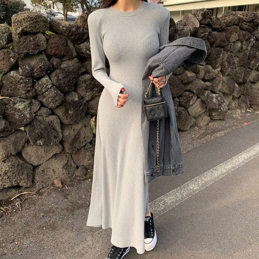 Long-Sleeve Crew Neck Plain Maxi T-Shirt Dress SpreePicky