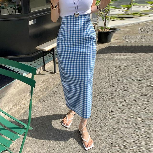 High Waist Gingham Midi Pencil Skirt SpreePicky