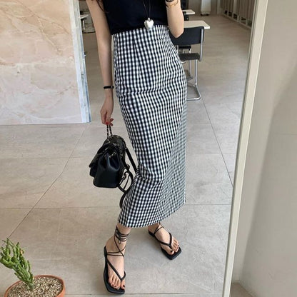 High Waist Gingham Midi Pencil Skirt SpreePicky