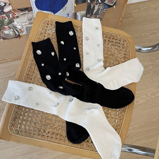 Plain Rhinestone Ribbed Socks SpreePicky