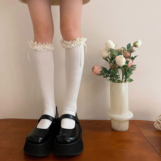 Plain Ruffled Ribbed Tall Socks SpreePicky