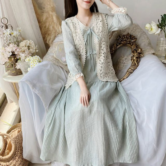 Lace Open Front Vest / Elbow-Sleeve V-Neck Plain Lace Trim Midi Smock Dress mySite