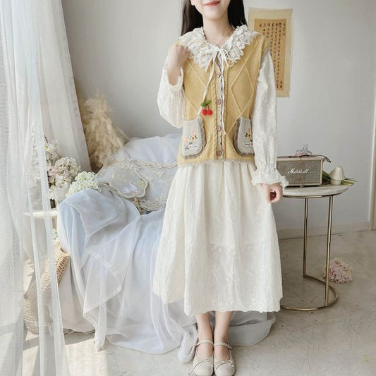 Flower Embroidered Single-Breasted Vest / Long-Sleeve Lace Trim Midi A-Line Dress mySite