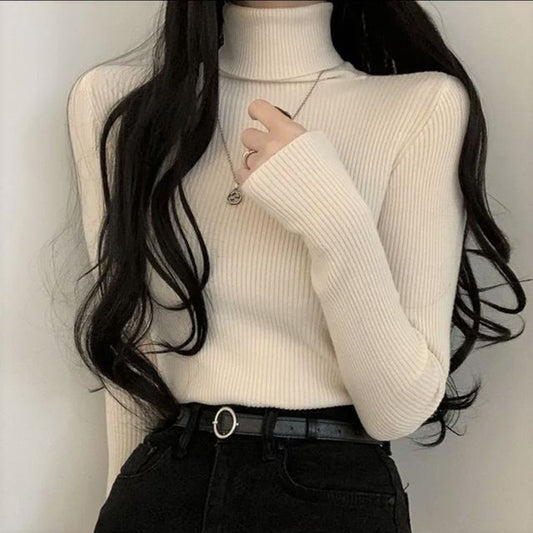 Long-Sleeve Turtleneck Plain Ribbed Knit Top mySite