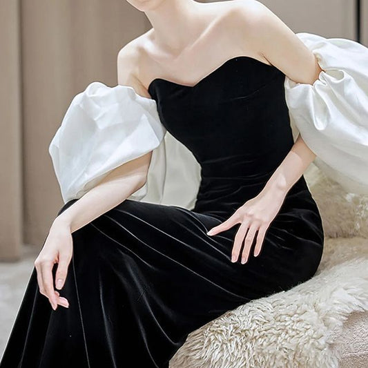 Puff Sleeve Off Shoulder Two Tone Velvet A-Line Evening Gown SpreePicky