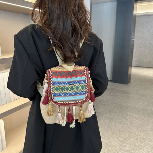 Patterned Tassel Detail Flap Backpack SpreePicky