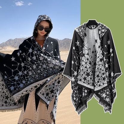 Print Fringed Hooded Cape SpreePicky