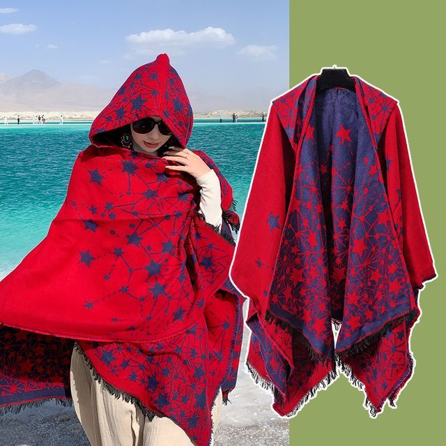 Print Fringed Hooded Cape SpreePicky